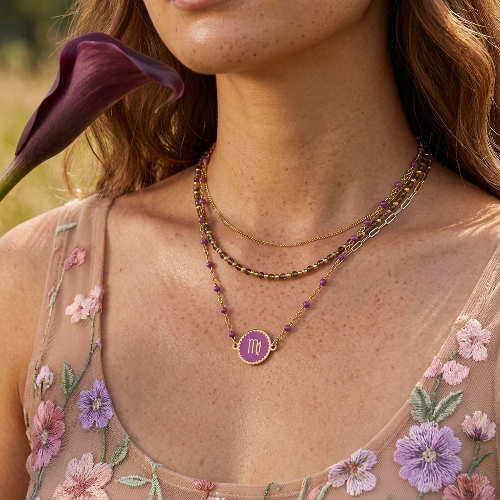 Mionia Golden Disc "Virgo" Zodiac Pendant Necklace