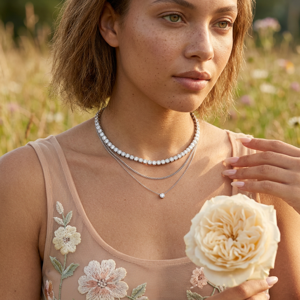 Mionia Silver Halo Tennis Necklace