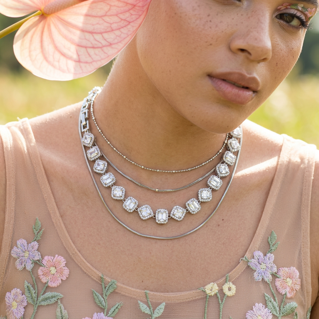 Viomia Silver Halo Tennis Necklace