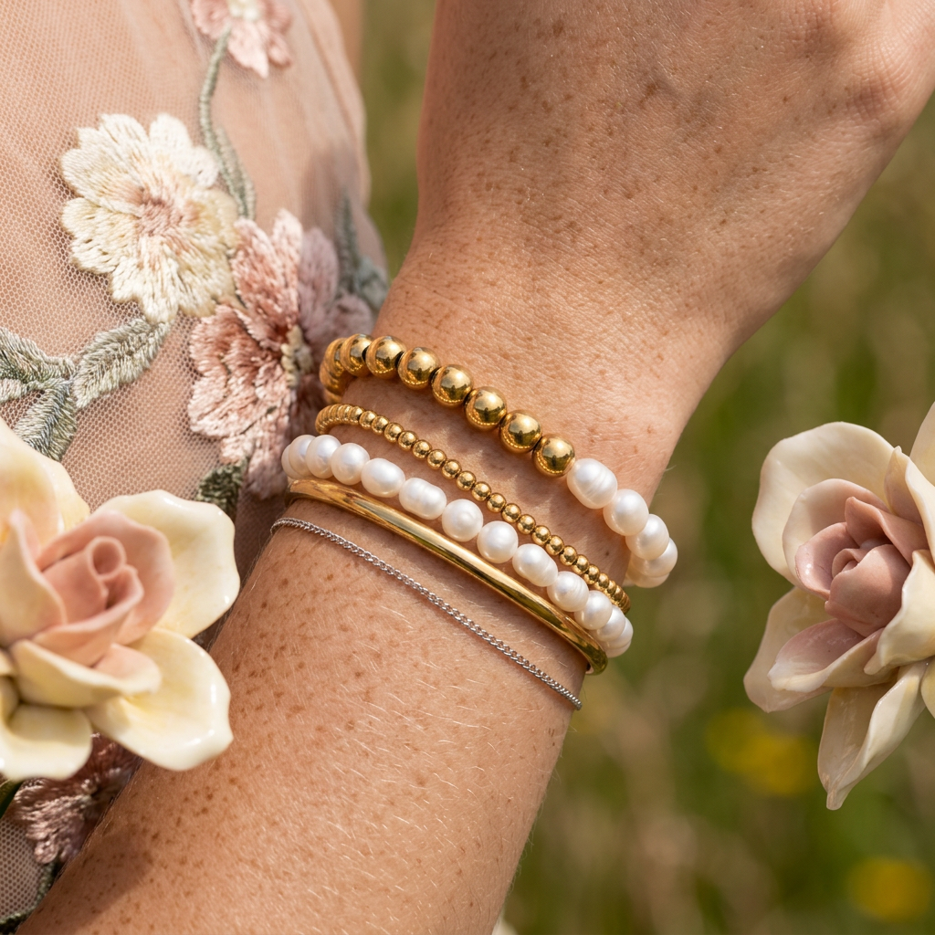 Maevia Golden Pearl Bead Strand Bracelet
