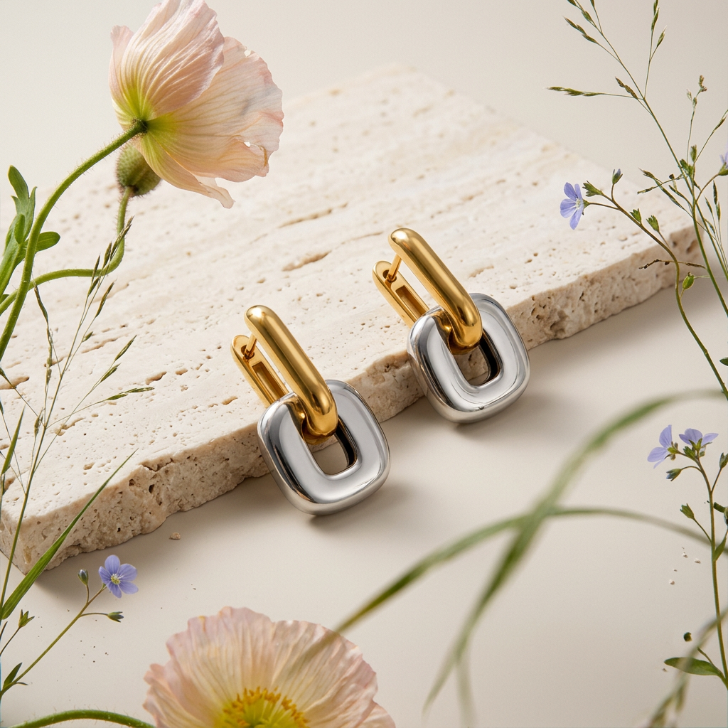 Raelia Two-Tone Rounded Square Huggie Earrings