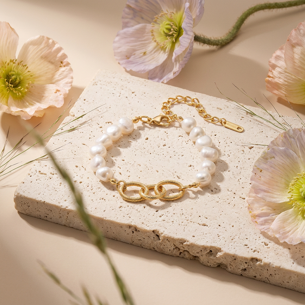 Leania Golden Pearl Link Bracelet