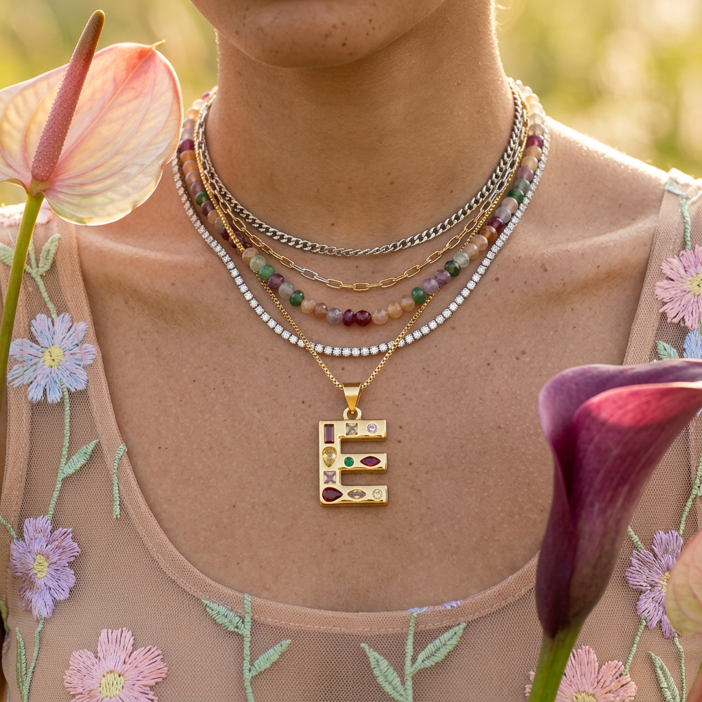 Veonia Golden "E" Letter Pendant Necklace